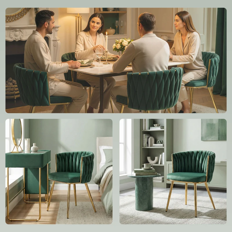 HOMCOM Velvet-Feel Dining Chairs Set of 2, Modern Upholstered Armchair with Knot Design and Golden Metal Legs, Accent Chair for Dining Room, Bedroom, Kitchen, Living Room, Dark Green