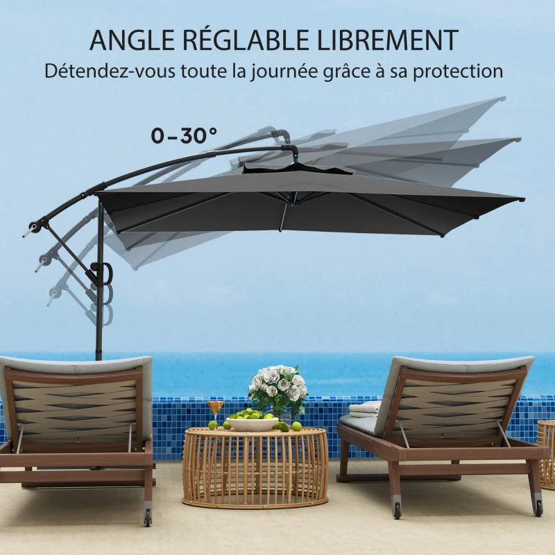 Outsunny Parasol déporté carré 3 x 3 m avec manivelle, base croisée, parasol inclinable rotation à 360° toile 180 g/m² gris foncé