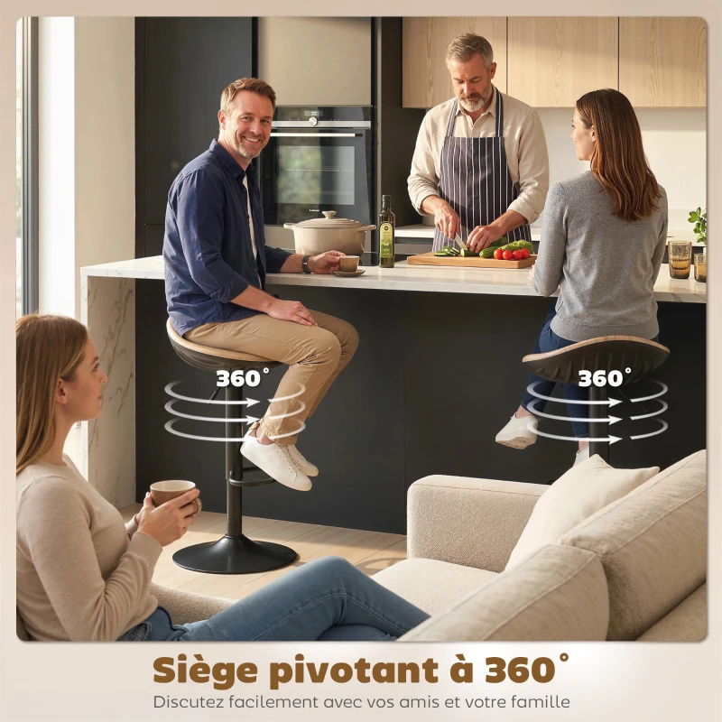 HOMCOM Lot de 2 tabourets de bar, chaises de bar réglables en hauteur avec repose-pieds, pivotant 360°, base en acier, chêne
