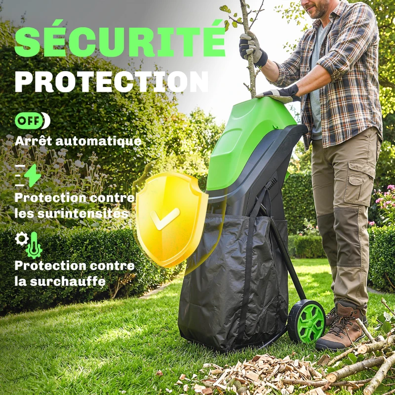 Outsunny Broyeur de Végétaux Électrique 2500 W, Broyeur de Branches avec Sac de Collecte 45L, 4300 tr/min, 44x34x96cm, Vert