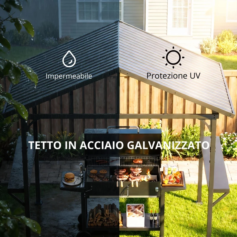 Outsunny Gazebo per barbecue 2,52 x 1,56 m, gazebo impermeabile con tetto a capanna, ripiani laterali, ganci, telaio in acciaio, Nero