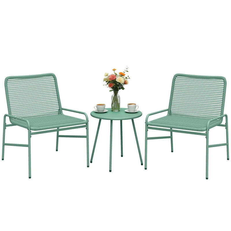 Outsunny Salón de jardín exterior 3 piezas en resina trenzada y acero, mesa de jardín redonda con 2 sillas, 58x67x75cm, Verde