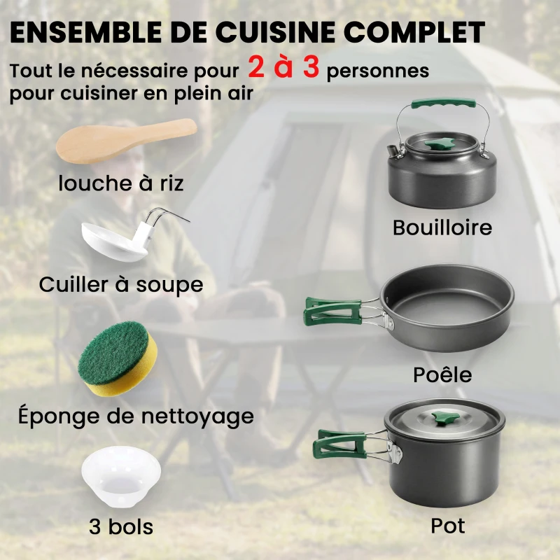 Outsunny Kit de Casseroles Camping en Aluminium 11 Pcs, avec Sac de Rangement et Poignées Anti-Brûlures, Ø19x10cm, Gris