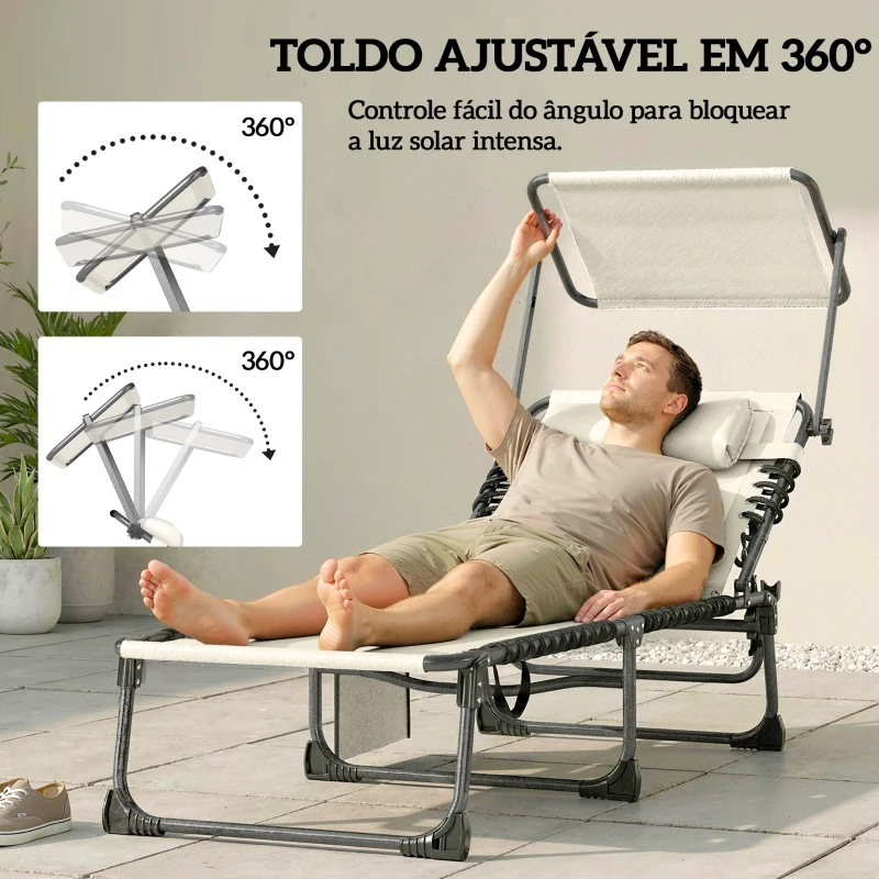 Outsunny Conjunto de 2 Espreguiçadeiras Jardim Dobráveis com Encosto Reclinável 5 Posições e Assento em Malha Creme