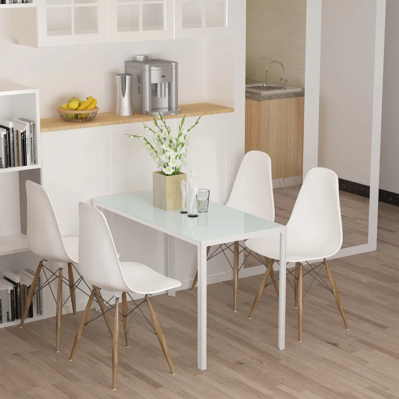 HOMCOM Table à manger pour 4 personnes, table de cuisine avec plateau en verre trempé et pieds en métal, 120x60x75cm, blanc