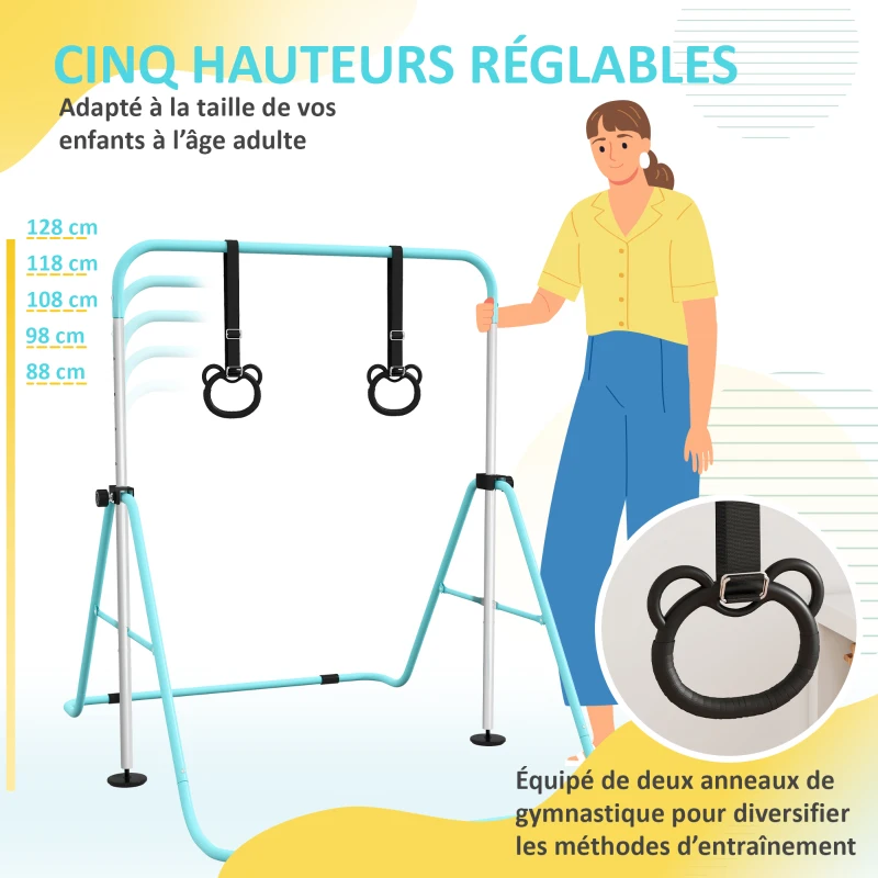 HOMCOM Barre de gymnastique pour enfants, barre horizontale pliable à hauteur réglable avec anneaux de gymnastique, cyan