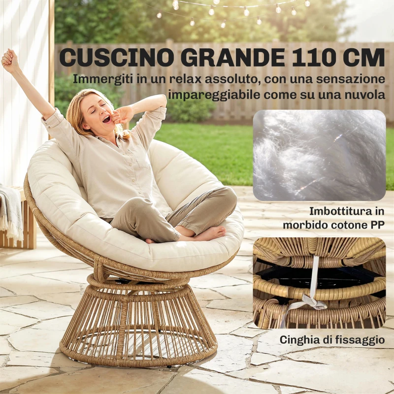 Outsunny Poltrona Papasan Rattan 360° Moon Chair con Cuscino Interni/Esterni, Bianco Crema
