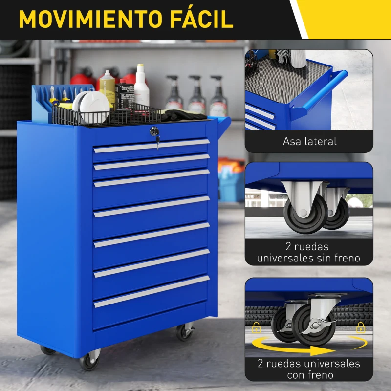 DURHAND Carro de Herramientas con 7 Cajones Cerradura Asa 2 Ruedas con Freno de Bloqueo para Garaje Hogar Azul