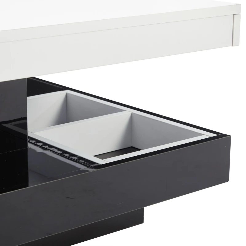 Tavolino da caffè lucido e girevole a 2 livelli con ripiano portaoggetti, 70x70x36 cm, Bianco e Nero