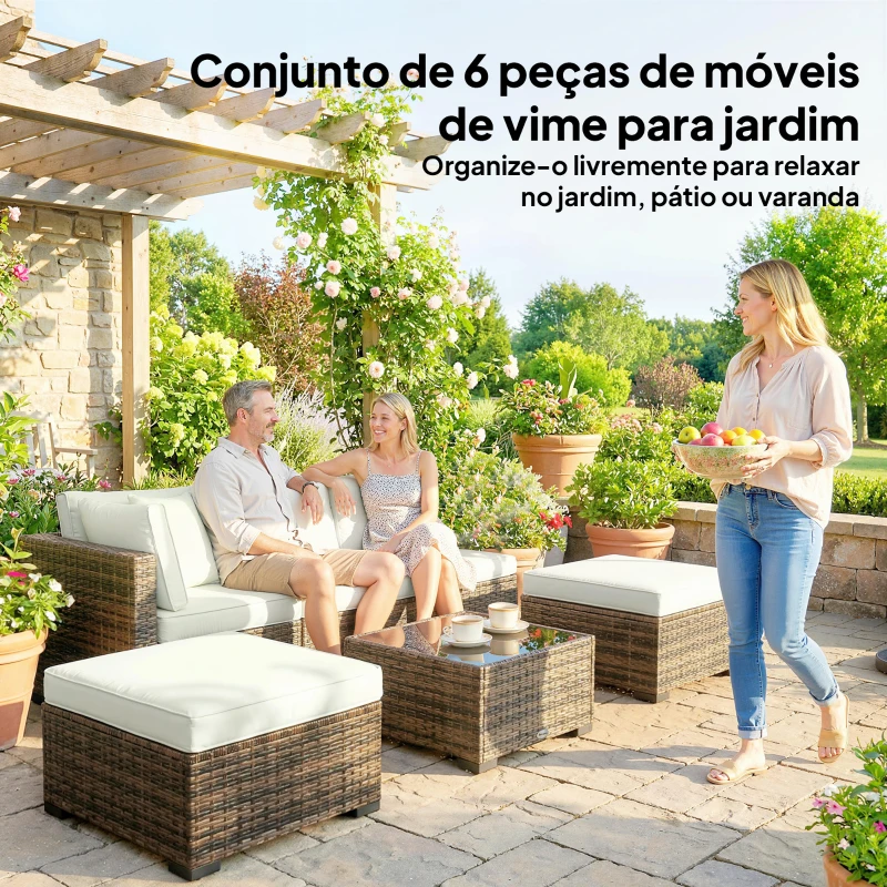 Outsunny Conjunto de Jardim Exterior de Rattan de 6 Peças com Cadeira de Canto, 2 Cadeiras sem Braços, Apoio para Pés e Mesa, Amarelo