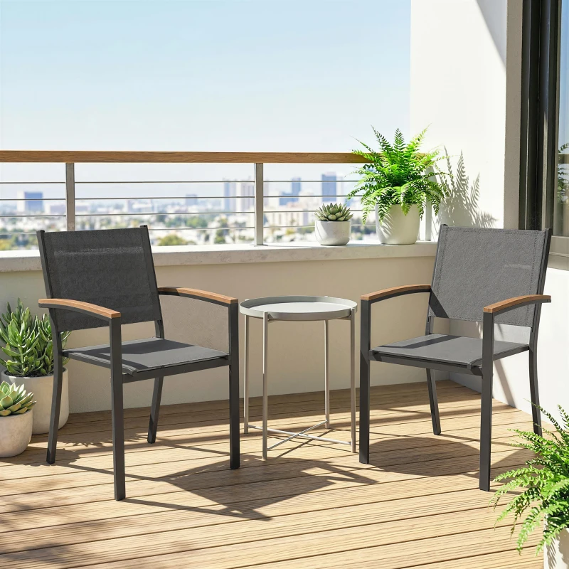 Outsunny Lote de 2 Sillas de Jardín Apilables en Metal y Textilene, Reposabrazos en WPC, Respaldo Alto, 56x62x89cm, Gris