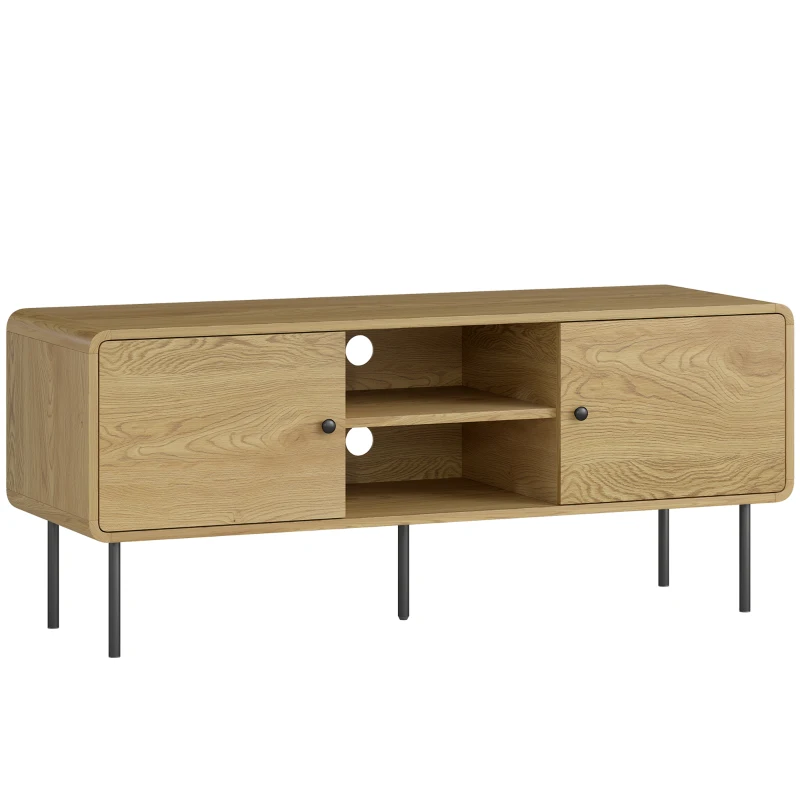 HOMCOM Meuble TV, meuble télé jusqu'à 55 pouces avec 2 portes, 2 compartiments ouverts, pieds en acier, 120x40x50cm, chêne