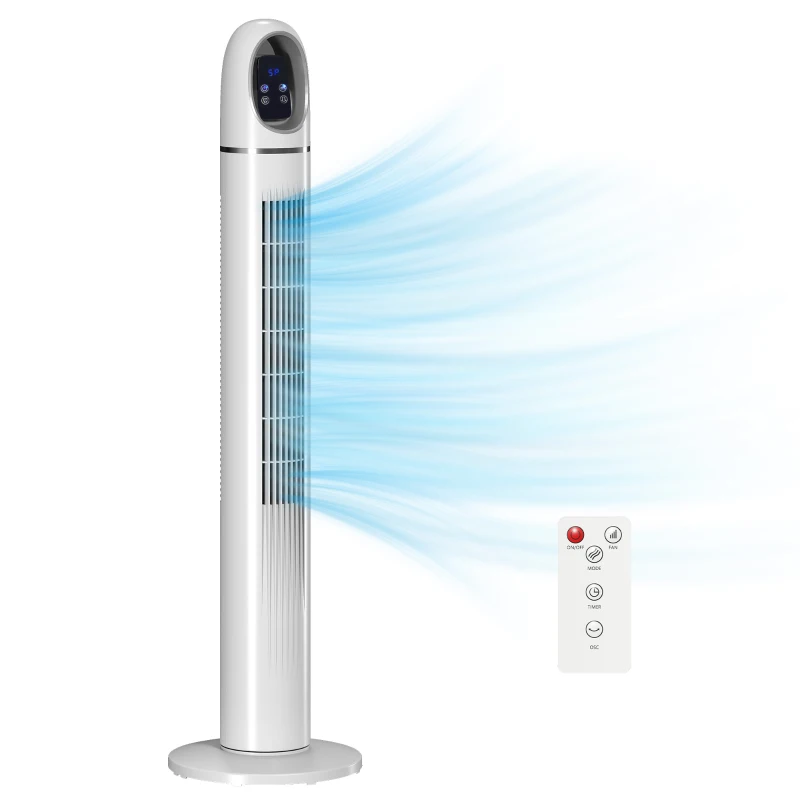 HOMCOM Ventilator Vertical pentru Dormitor, Ventilator Oscilant 70°, 4 Moduri, 3 Viteze, Timer 24 Ore, Display LED și Telecomandă, 110 cm, Alb