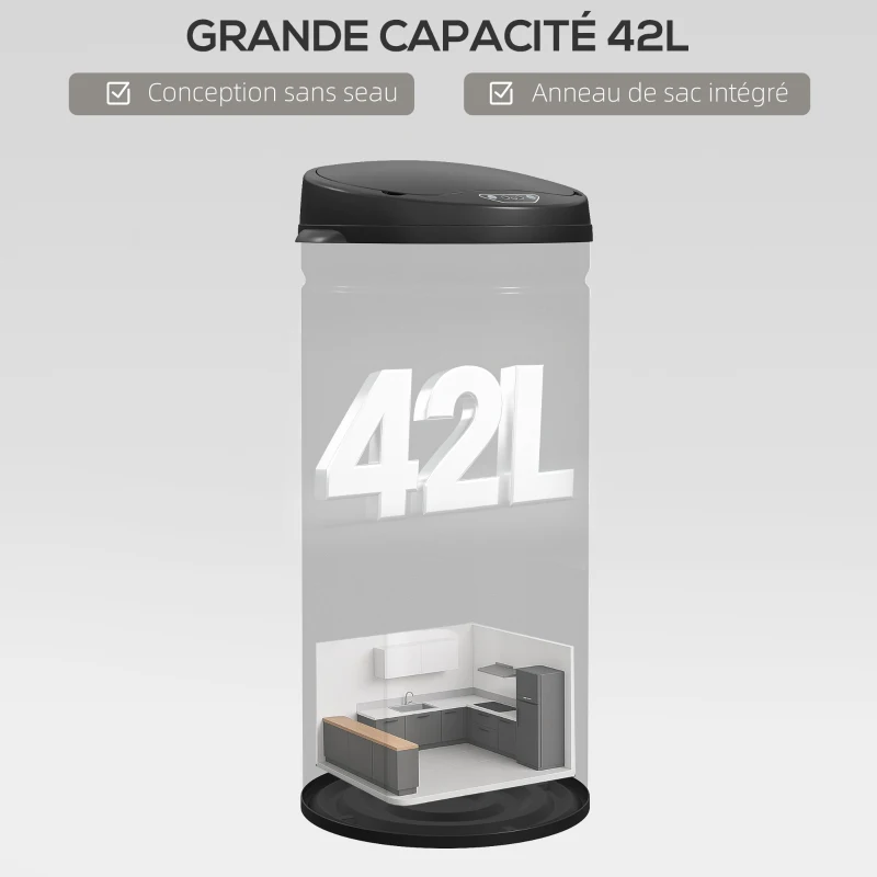HOMCOM Poubelle cuisine automatique 42L acier inoxydable, poubelle à couvercle à fermeture en douceur, 30,5x30,5x68cm, noir