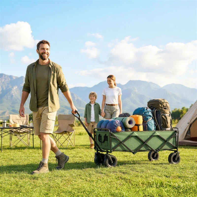 Outsunny Chariot de Jardin Pliable 130L avec Roues, Remorque Robuste avec Freins, Poignée Réglable, vert