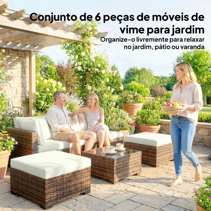 Outsunny Conjunto de Jardim Exterior em Rattan de 6 Peças com Cadeira de Canto, 2 Cadeiras sem Braços, Apoio para Pés e Mesa Castanha