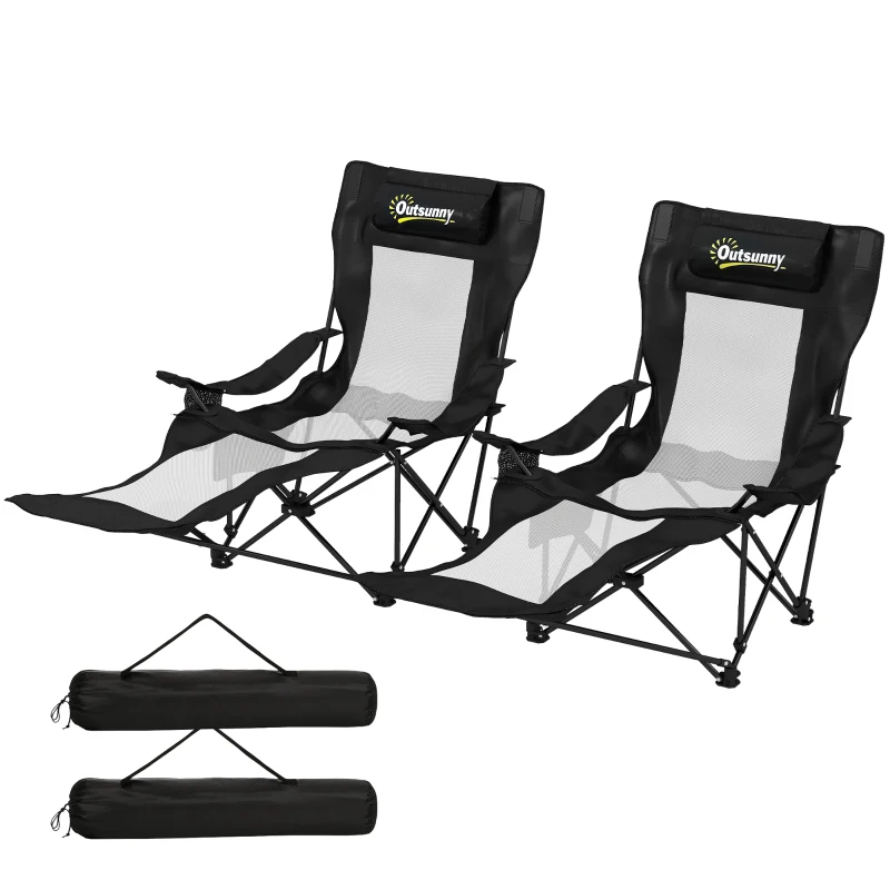 Outsunny Conjunto de 2 Sillas Plegables Camping Reclinables con Reposapiés Desmontable Reposacabezas Portavasos y Bolsa Negro