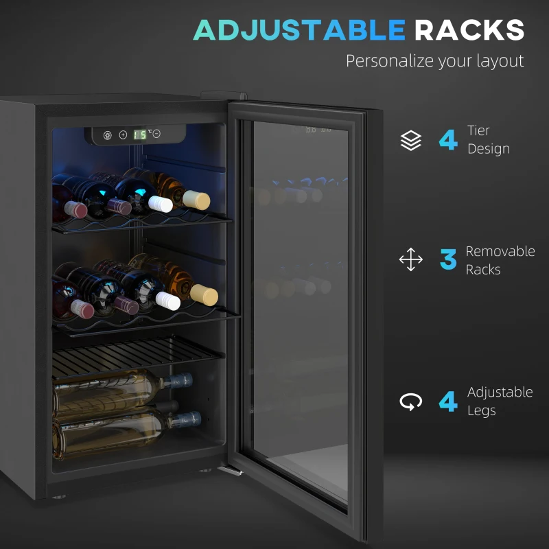 HOMCOM Chłodziarka do wina na 24 butelki, 68 litrów pojemności, 4-16°C, stojąca lodówka na napoje, piwo i wino z szklanymi drzwiami, czarna