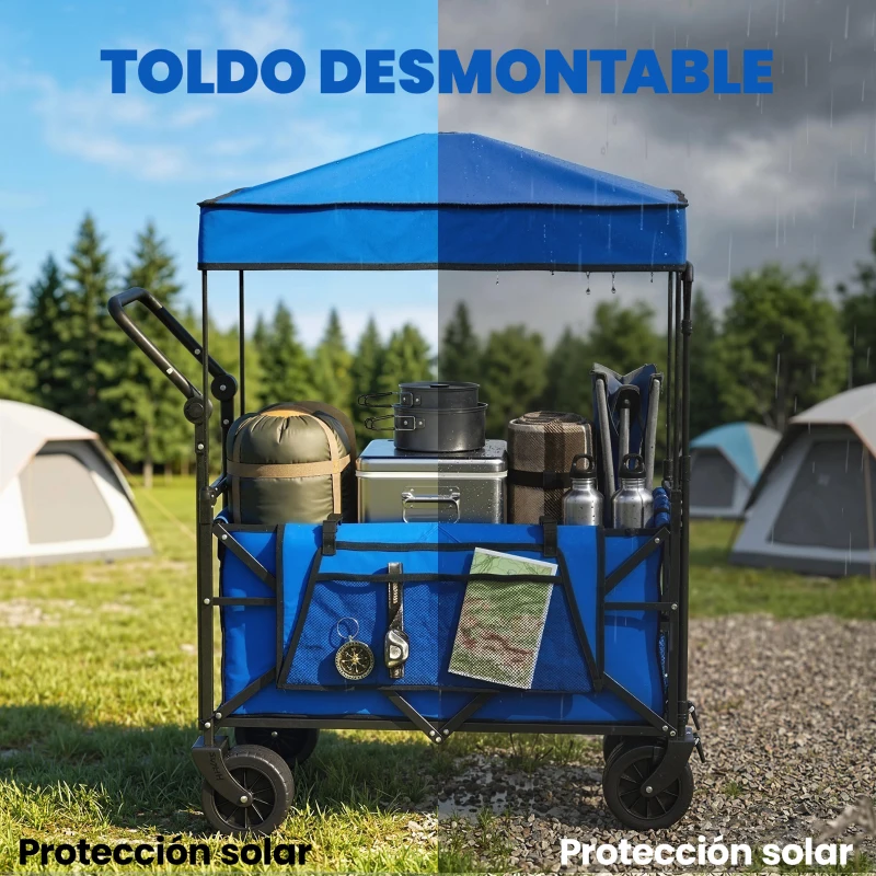 Outsunny Carro de Jardín Plegable con Ruedas Grandes Bloqueables Barra Ajustable Portavasos para Campaña 125x59x133 cm Azul