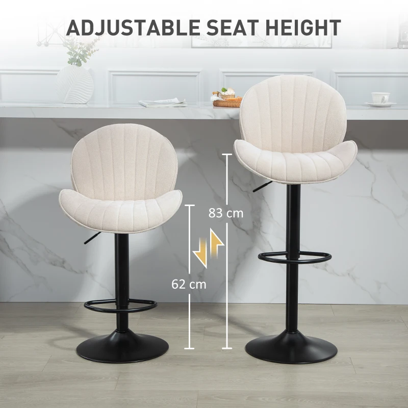 HOMCOM Modern Bar Stools Set of 2, Height Adjustable Swivel Bar Chairs with Shell Shape and Footrest, Fabric Barstools for Breakfast Bar, Counter, Kitchen Island, Beige