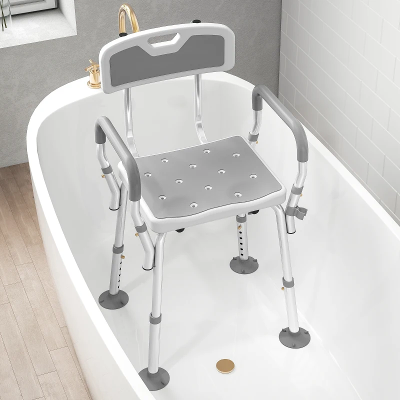 HOMCOM EVA Padded Shower Chair for the Elderly and Disabled, Height Adjustable Shower Stool with Back and Arms, 4 Suction Foot Pads, Light Grey