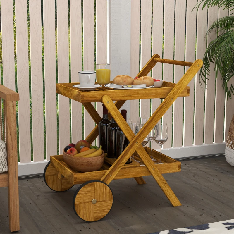 Outsunny Desserte de jardin chariot pour barbecue en bois avec 2 plateaux, 3 casiers à bouteilles et 2 roues bois naturel