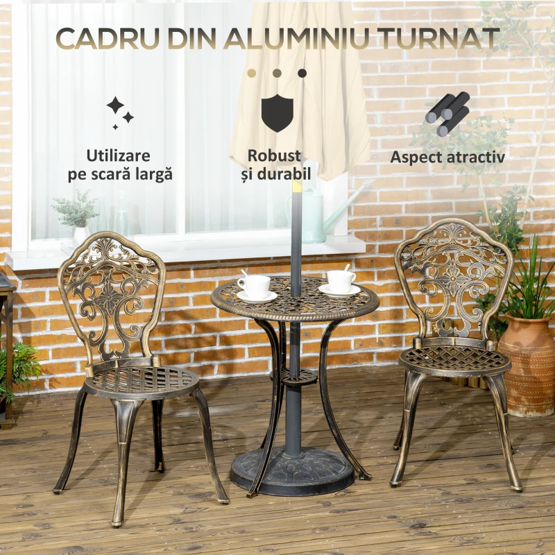 Outsunny Set de Exterior 3 Piese din Aluminiu cu 2 Scaune de Grădină și Masă Rotundă cu Orificiu pentru Umbrelă, Bronz
