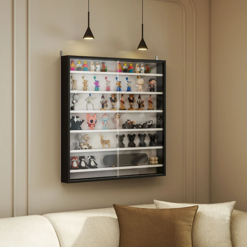 HOMCOM Vitrine pour collection vitrine murale 80 x 9,5 x 83 cm 6 étagères réglables en hauteur 2 portes coulissantes en verre