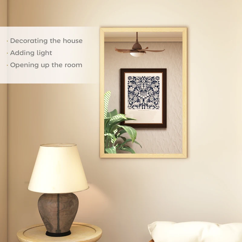 HOMCOM Wall Bathroom Mirror, 60 x 40 cm Wall-Mounted Mirror for Living Room, Bedroom, Hallway, Natural Wood Finish