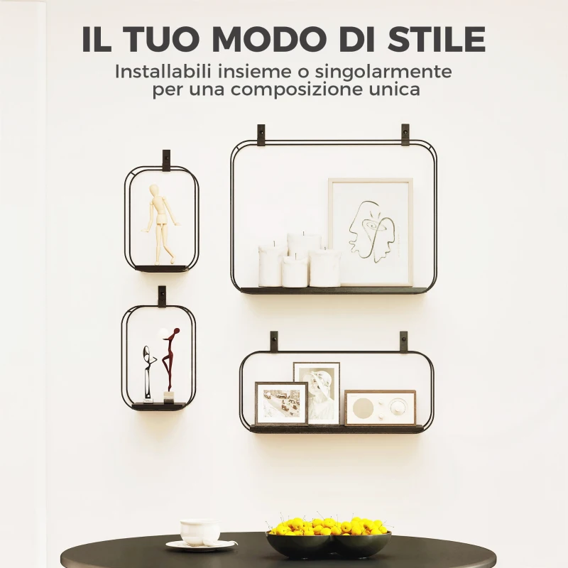 HOMCOM Mensole Flottanti Geometriche per Soggiorno, Set di 4 Pezzi, Nero