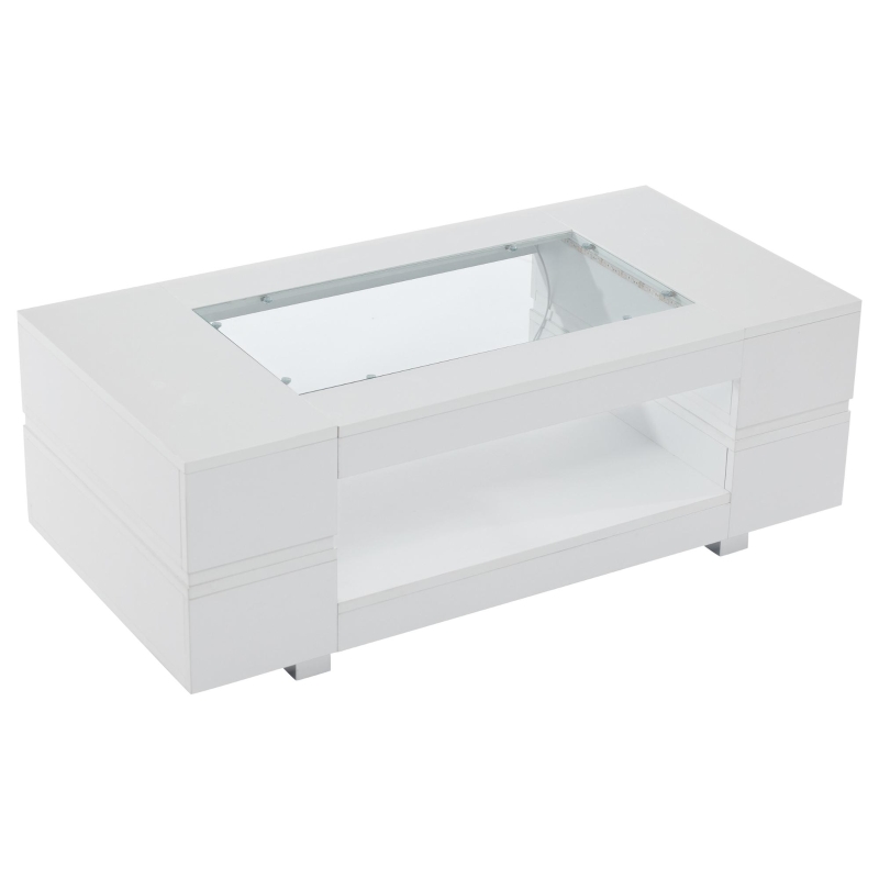 Tavolino da salotto a LED con controllo tramite app Bluetooth, piano in vetro e design cavo, 100x50x35 cm, Bianco