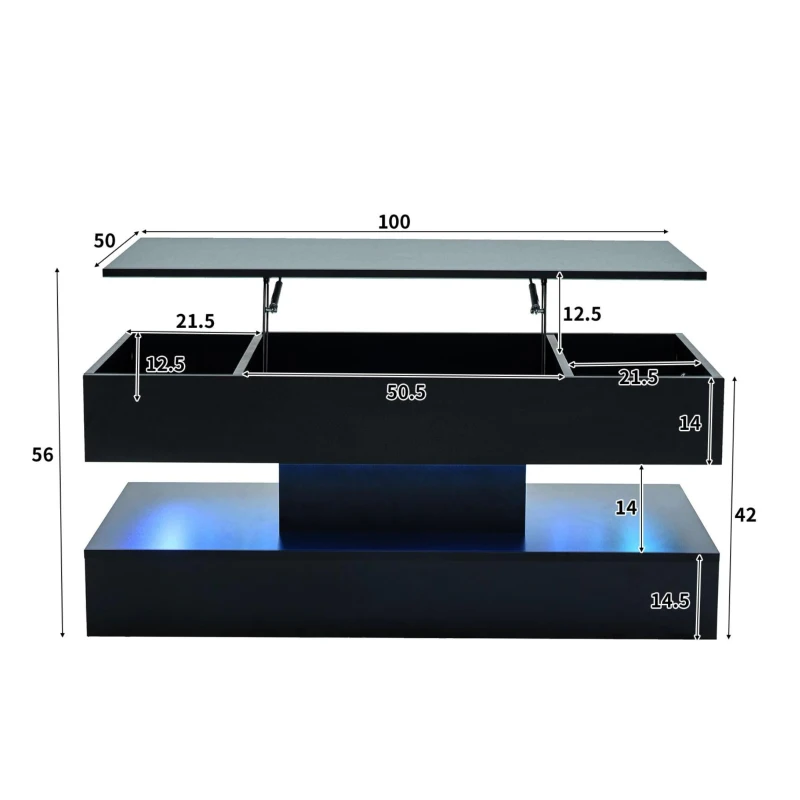 Tavolino da salotto moderno con illuminazione LED e spazio a scomparsa, 100x50x42 cm, Nero