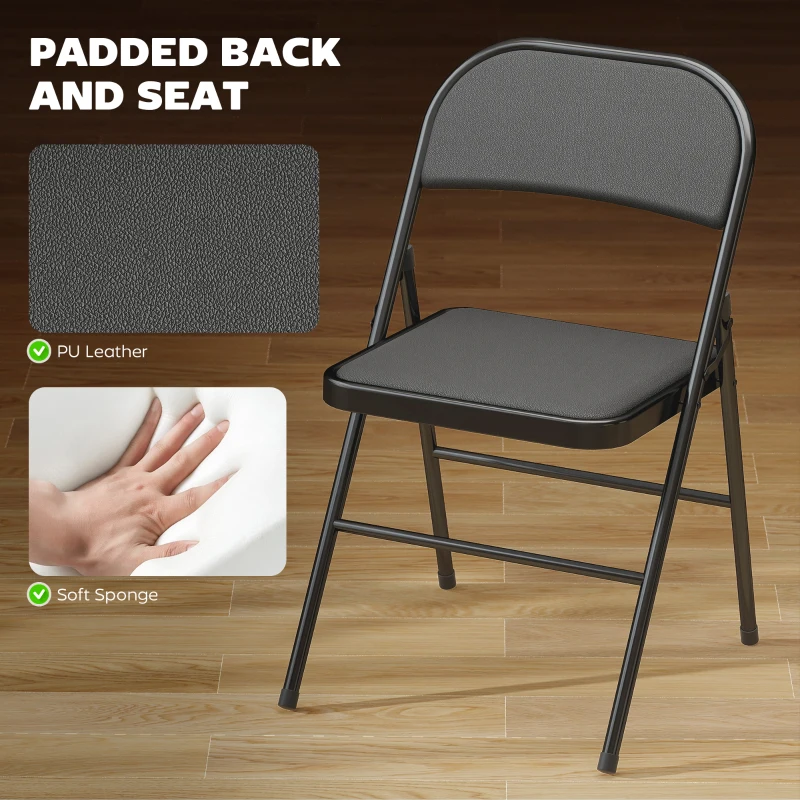 HOMCOM Zestaw 2 Składanych Krzeseł Biurowych, Metalowe Nogi, Składany Fotel do Biura i Poczekalni, Ekoskóra, Czarny