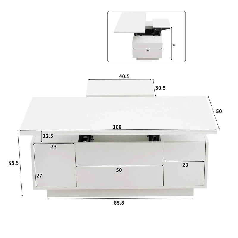 Tavolino multiuso con doppio meccanismo di sollevamento e spazio a scomparsa, 100x50x43 cm, Bianco
