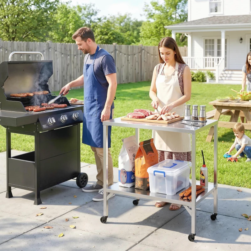 Outsunny Carrello barbecue in acciaio inox con piano lavoro e ruote, 85x60x92 cm