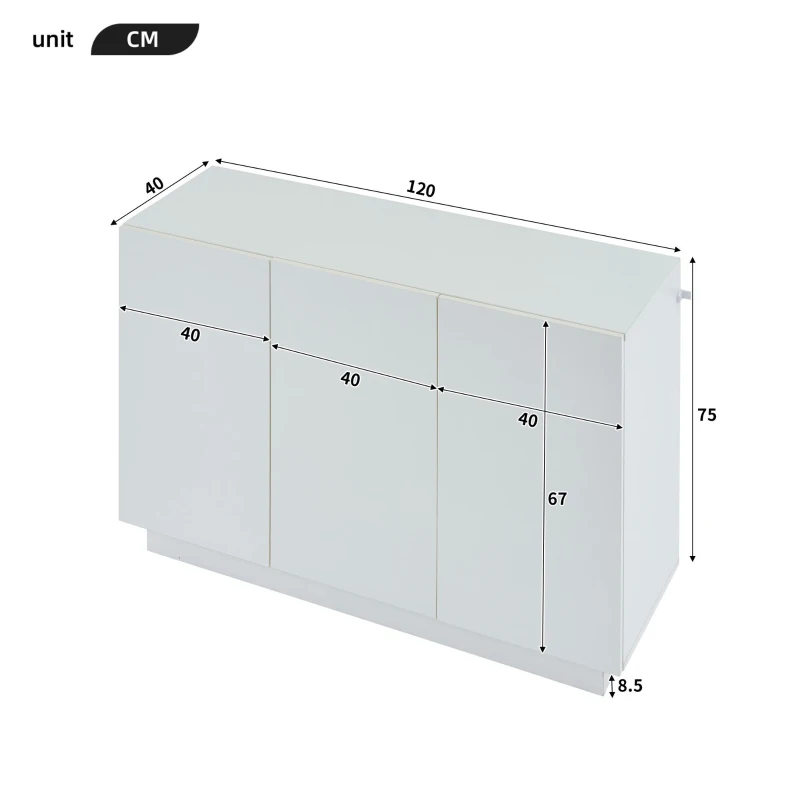 Credenza da sala da pranzo minimal con luce LED, in truciolato, 120x40x75 cm, Bianco