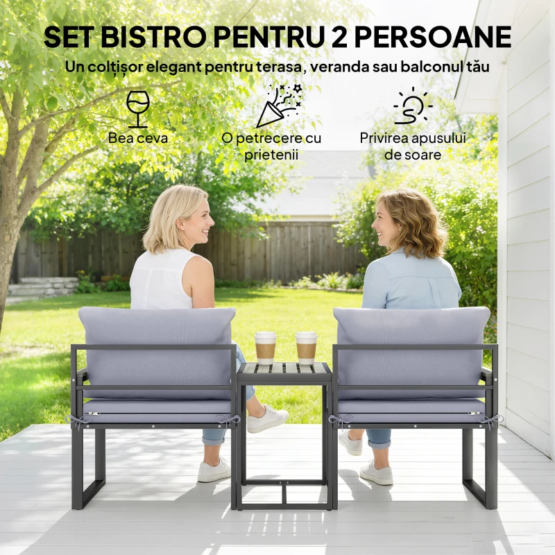Outsunny Set Bistro Grădină 3 Piese pentru 2 Persoane, Masă și Scaune Exterior cu Șezut Textilen și Perne, Gri