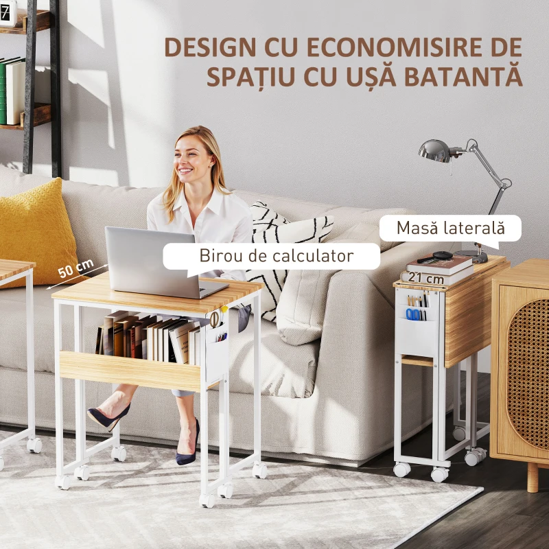 HOMCOM Birou Pliabil de 80 cm cu Raft de Depozitare și Blat Rabatabil pe Roți - Alb