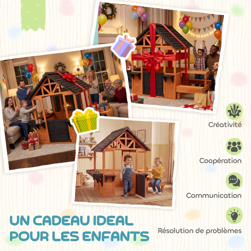AIYAPLAY Cabane enfant extérieur en bois maison enfant extérieure table bancs évier porte fenêtre supports de fleurs marron
