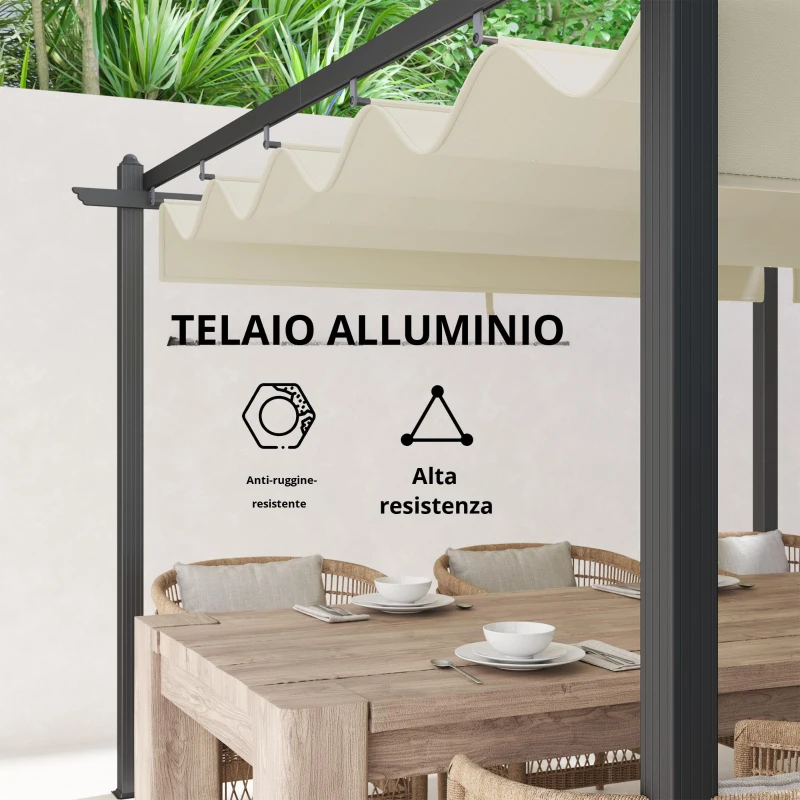Outsunny Pergola Retrattile 3,5 x 6 m per Terrazza o Giardino, Struttura in Alluminio e Poliestere, Beige