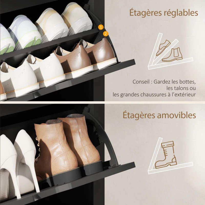 HOMCOM Armoire à Chaussures 3 Portes abattantes 2 Compartiments Panneaux Particules noir chêne