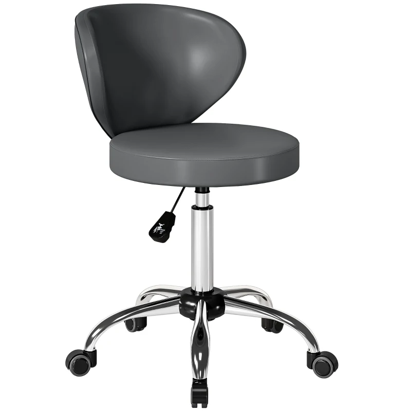 HOMCOM Banqueta com rodas, banco de massagem em PU com altura regulável 73-88 cm e encosto, giratório 360°, cinza