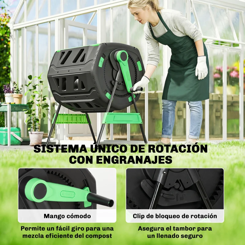 Outsunny Compostador Giratorio 200L con Sistema de Ventilación y Base de Metal para Compostaje de Residuos Orgánicos Verde