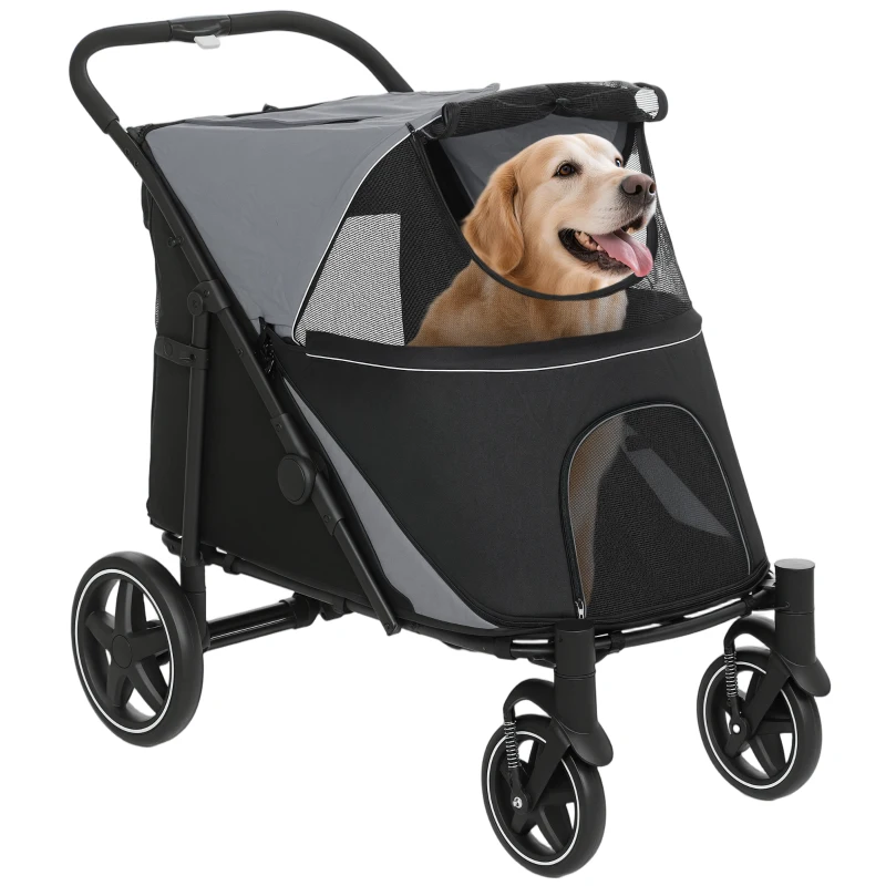 PawHut Cochecito Plegable para Perros Carrito de Mascotas con Ventanas de Malla Correas de Seguridad 112x65x100 cm Gris y Negro