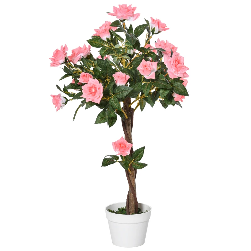 Outsunny Pianta Finta di Rosa da 21 Fiori con Vaso Riempito in Cemento e Muschio, Ø18x90 cm, Rosa