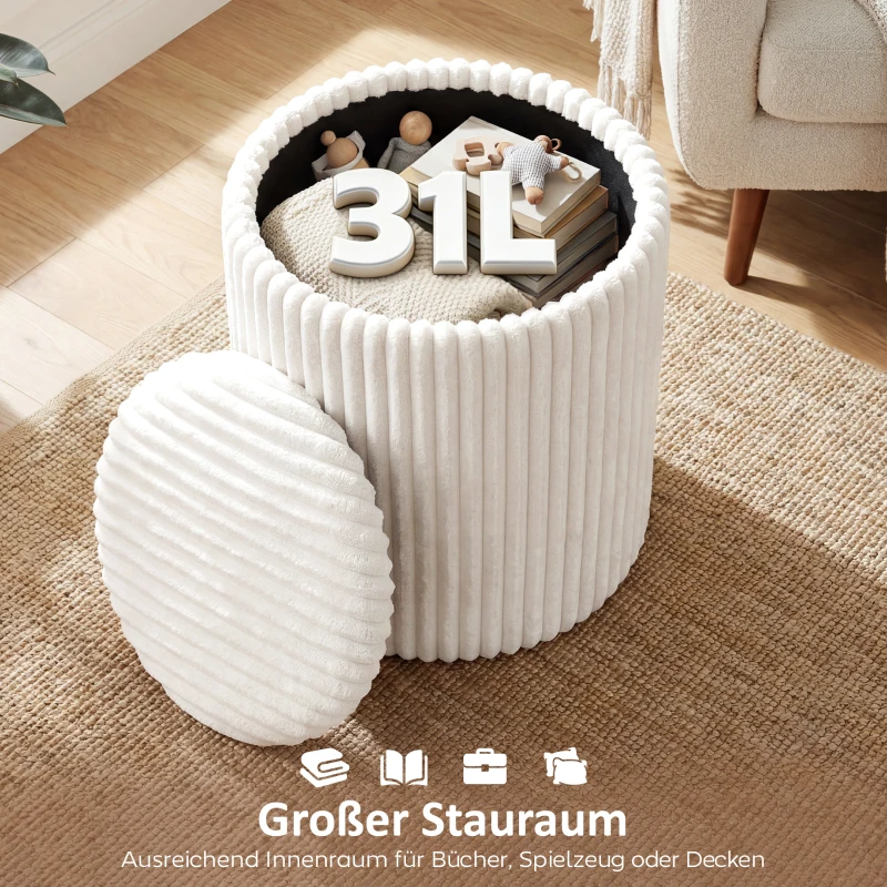 HOMCOM Opberghocker met omkeerbaar deksel, moderne cord-zitpoef voor woonkamer en slaapkamer, wit