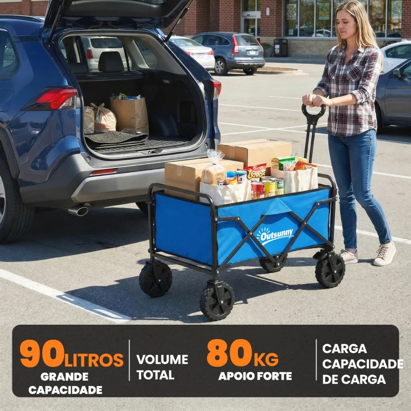 Outsunny Carrinho de Jardim Dobrável com Rodas Bloqueáveis Cabo Ajustável Porta-Copos Carga 80 kg para Camping 85x50x99 cm Azul