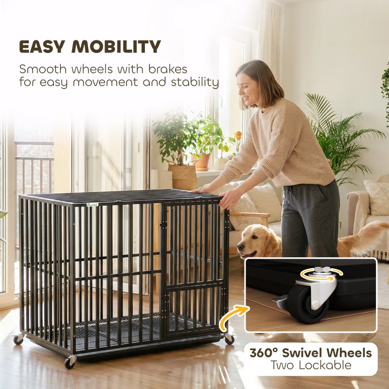 PawHut Heavy Duty Dog Crate, Dog Cage with Wheels for Small Medium Breeds, Metal Pet Kennel with Removable Tray