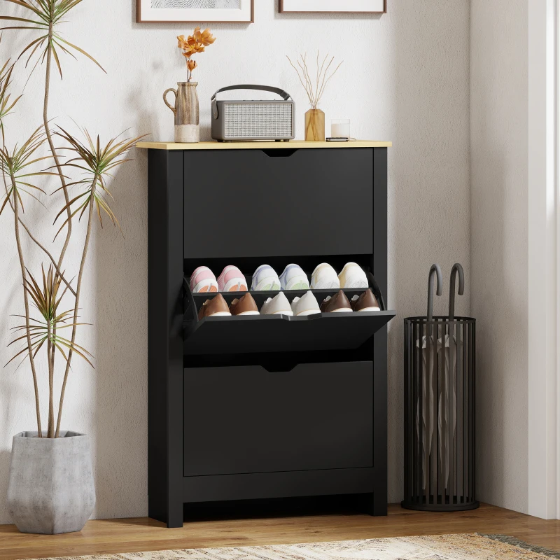 HOMCOM Armoire à Chaussures 3 Portes abattantes 2 Compartiments Panneaux Particules noir chêne