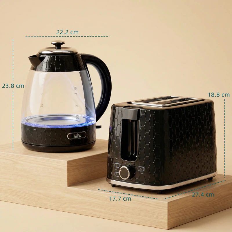 HOMCOM Kettle and Toaster Set, 1.7L 3000W Rapid Kettle with Limescale Filter, 2 Slice Toaster with 7 Browning Controls, Black
